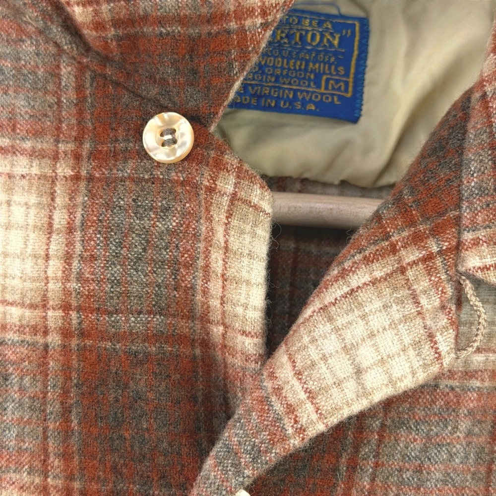VTG 70s Pendleton Board Shirt Mens S-M Rust Plaid Long Sleeve Loop Collar USA - Picture 7 of 14